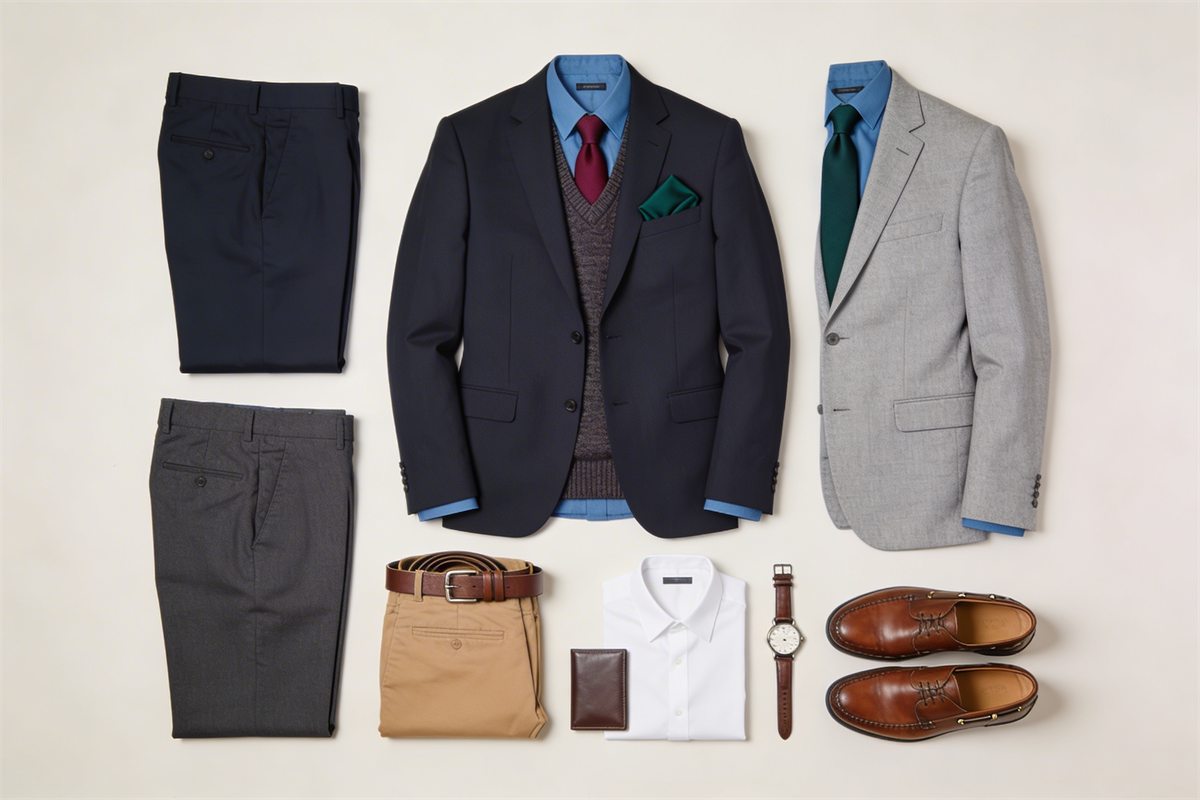 A coordinated capsule laid out as a flat-lay: a navy suit and a grey jacket, navy and charcoal trousers, tan chinos, a white shirt, ties, a knit waistcoat, a leather belt, a watch and brown shoes, all chosen to work together