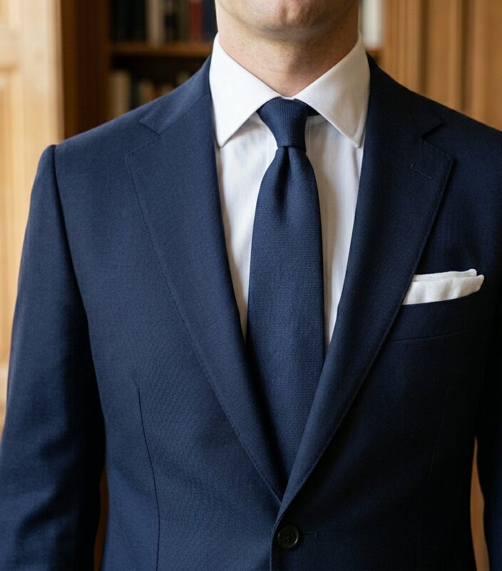 A navy suit with a white shirt, navy tie and white pocket square