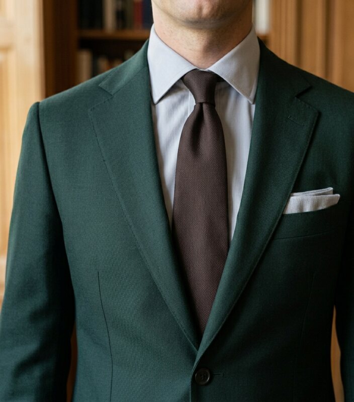 A green suit with a light blue shirt, brown tie and pocket square