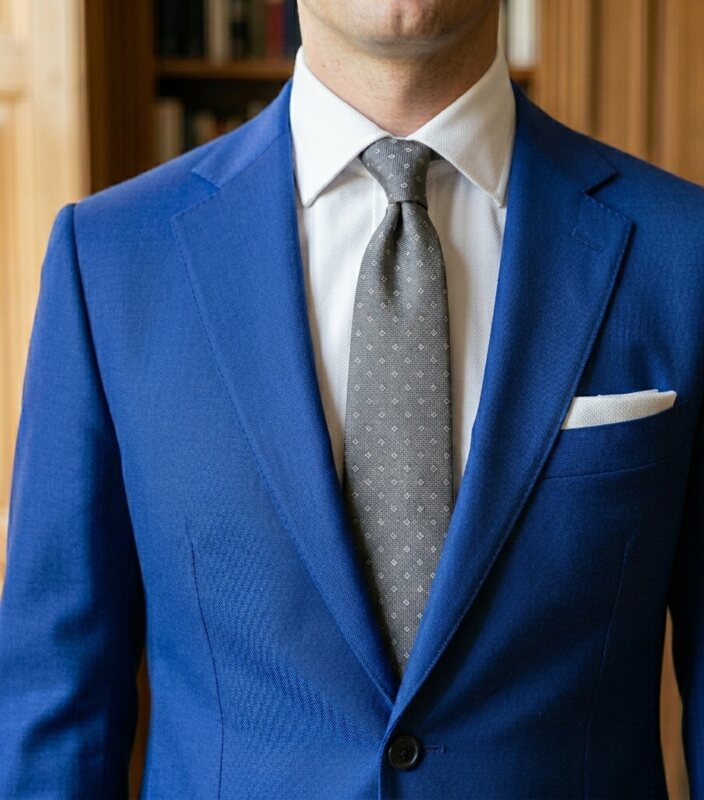 A blue suit with a white shirt, patterned grey tie and white pocket square