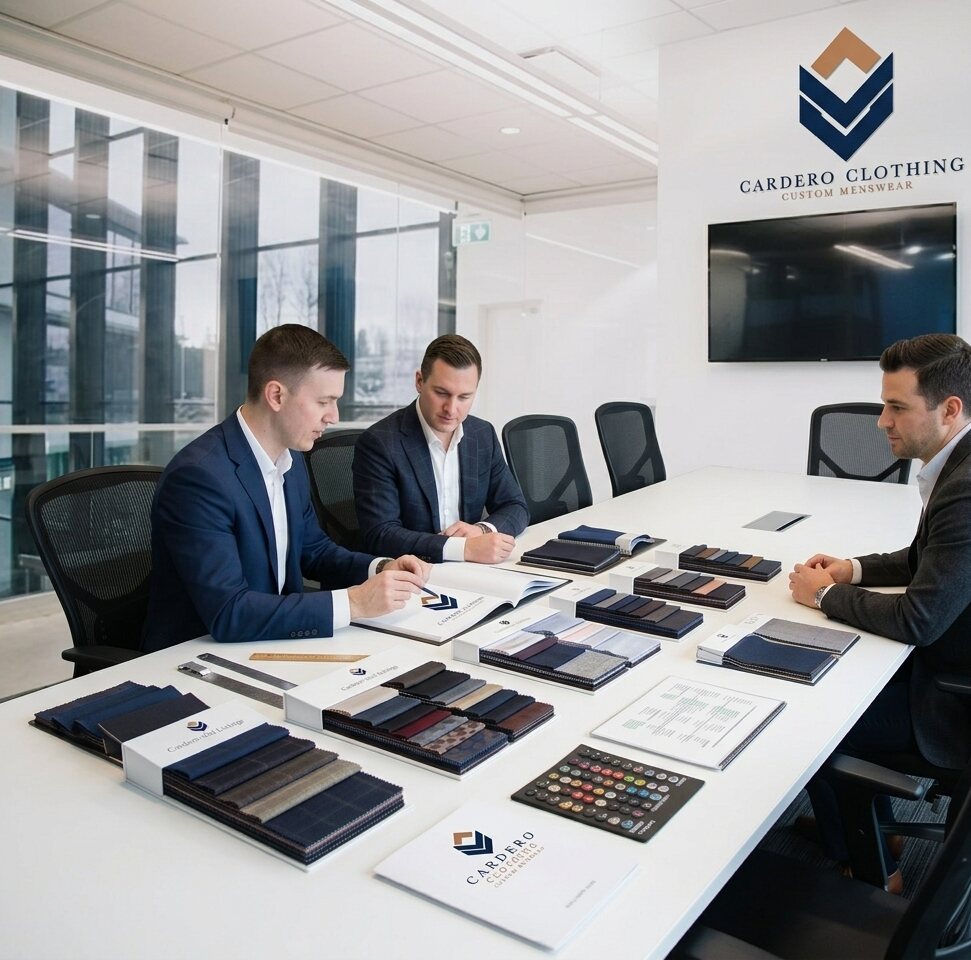 Fabric swatches and sample books laid across the table at a Cardero appointment