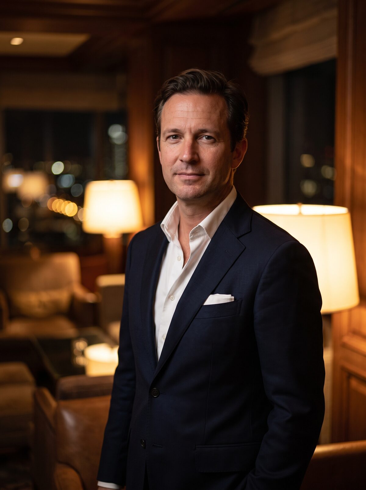 A distinguished man in a custom-tailored Cardero suit, photographed in a refined low-lit setting