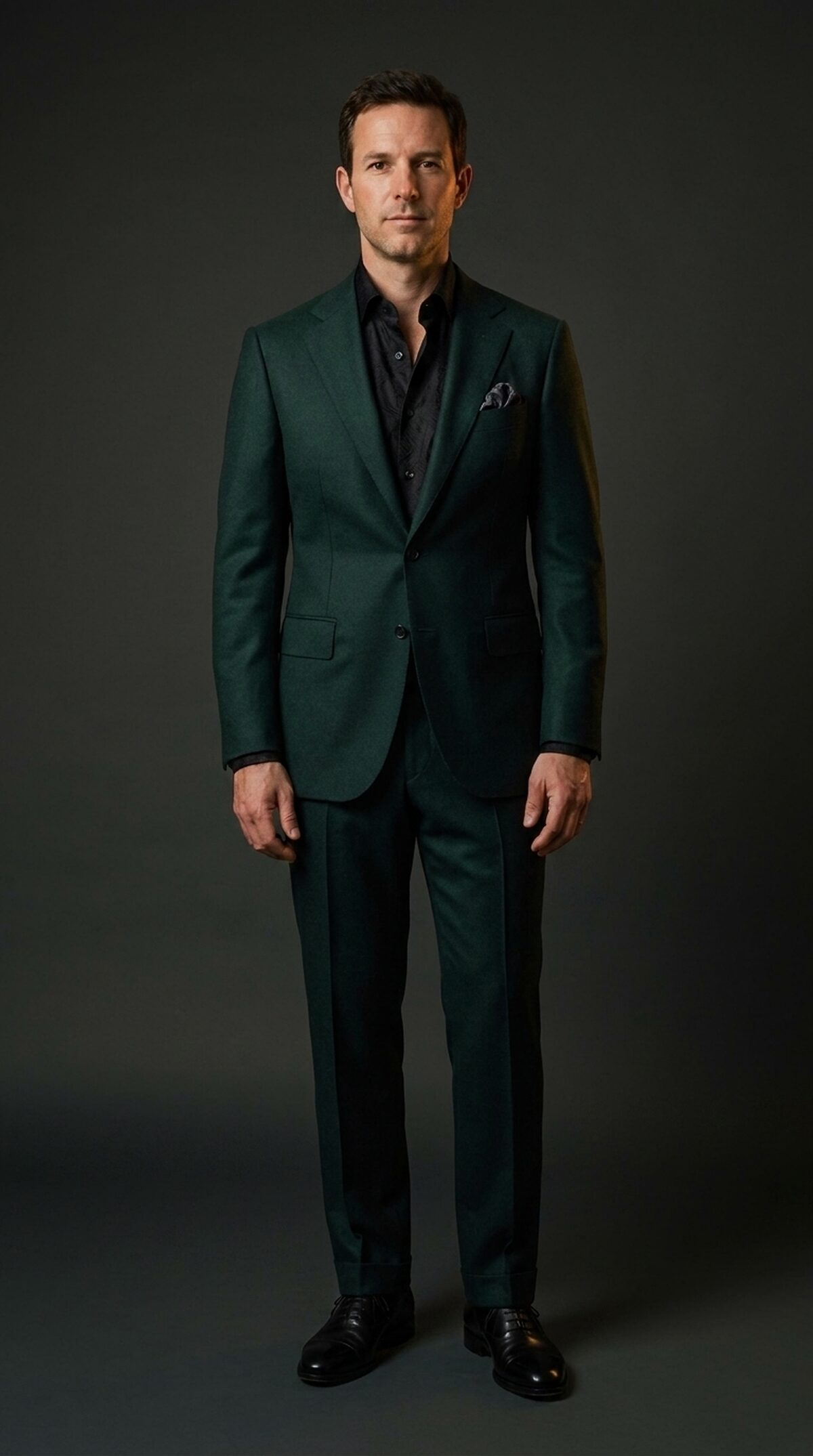 A distinguished man in a custom-tailored Cardero suit, photographed in a refined low-lit setting
