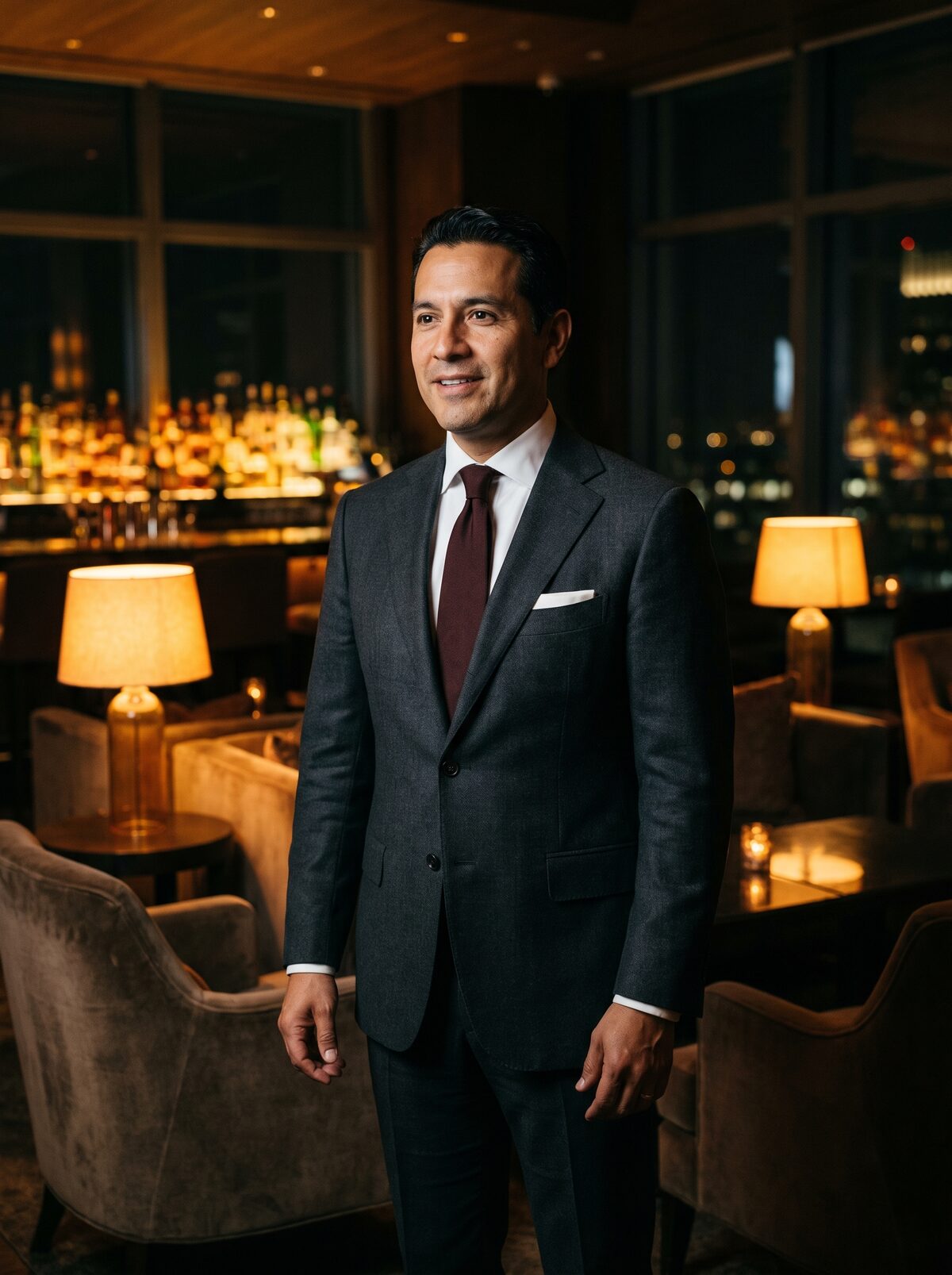 A distinguished man in a custom-tailored Cardero suit, photographed in a refined low-lit setting
