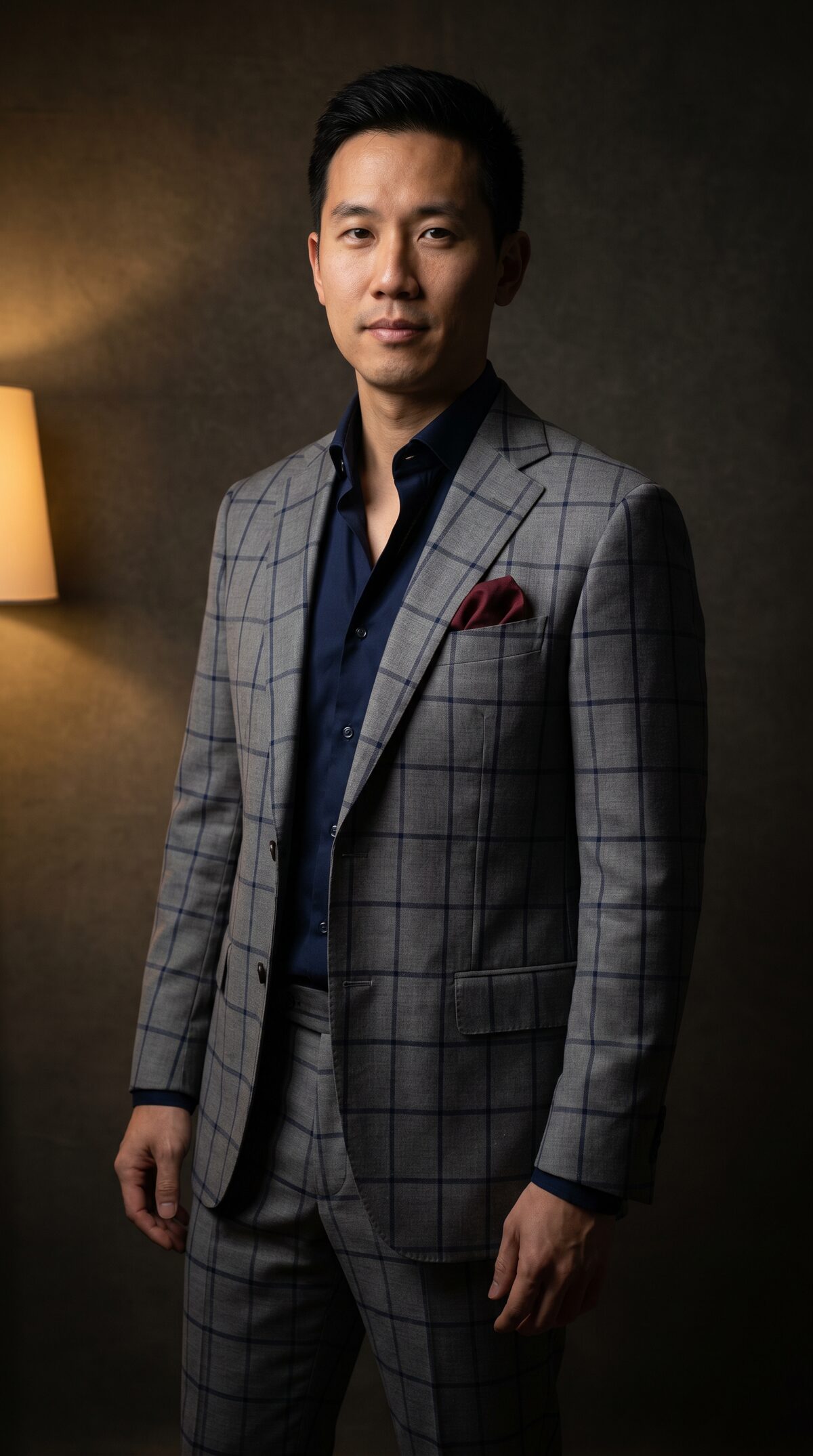 A distinguished man in a custom-tailored Cardero suit, photographed in a refined low-lit setting