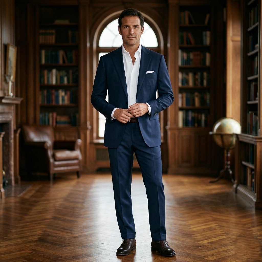 A man in a navy made-to-measure suit and white dress shirt in a wood-panelled library