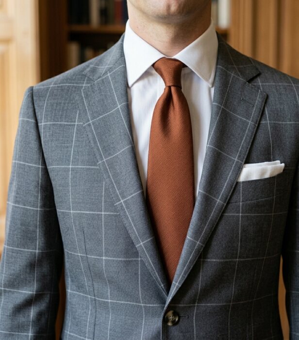 A light, warm-toned wool suit styled for a relaxed setting