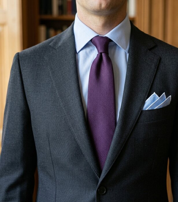 A charcoal Super 120 wool suit with a light blue shirt, purple tie and light blue pocket square